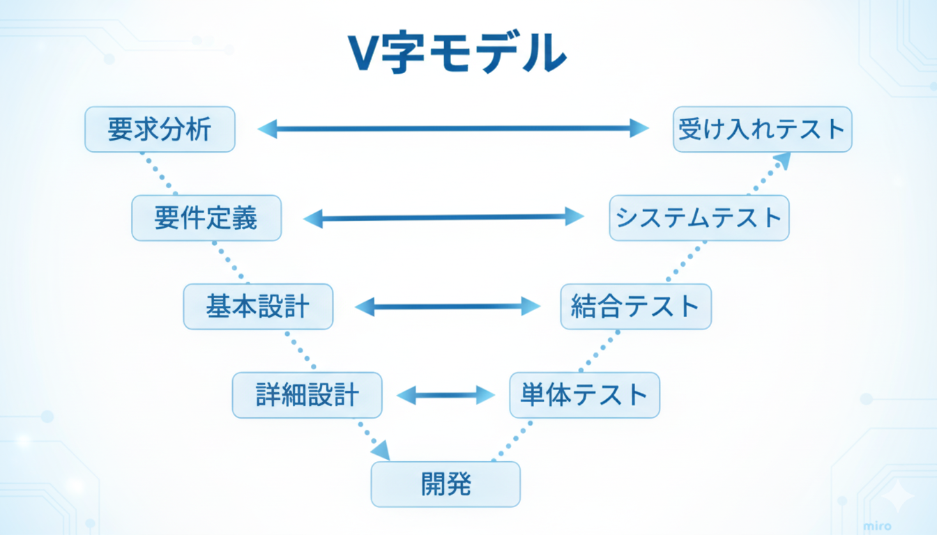 システム開発におけるV字モデルの詳細な工程フロー（要件定義～運用保守までの各ステップ）。