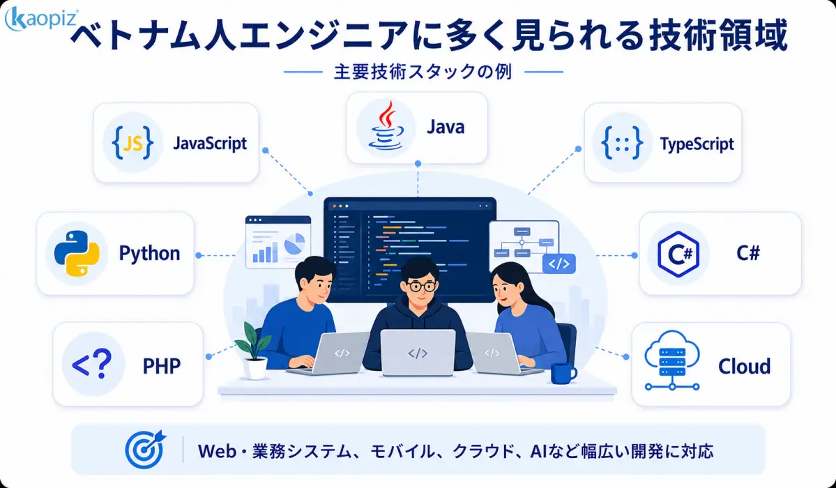 ベトナム人エンジニアの主要技術スタックを示すインフォグラフィック。Java、JavaScript、TypeScript、Python、C#、PHP、Cloudを配置